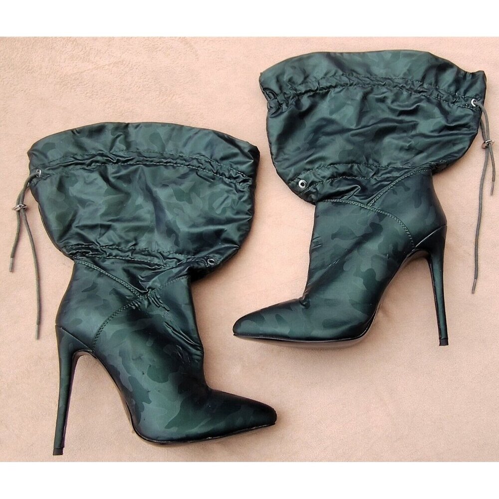 Azalea Wang Dark Green Camouflage Camo Stiletto Heels Bootie Boots Sexy Size 7.5